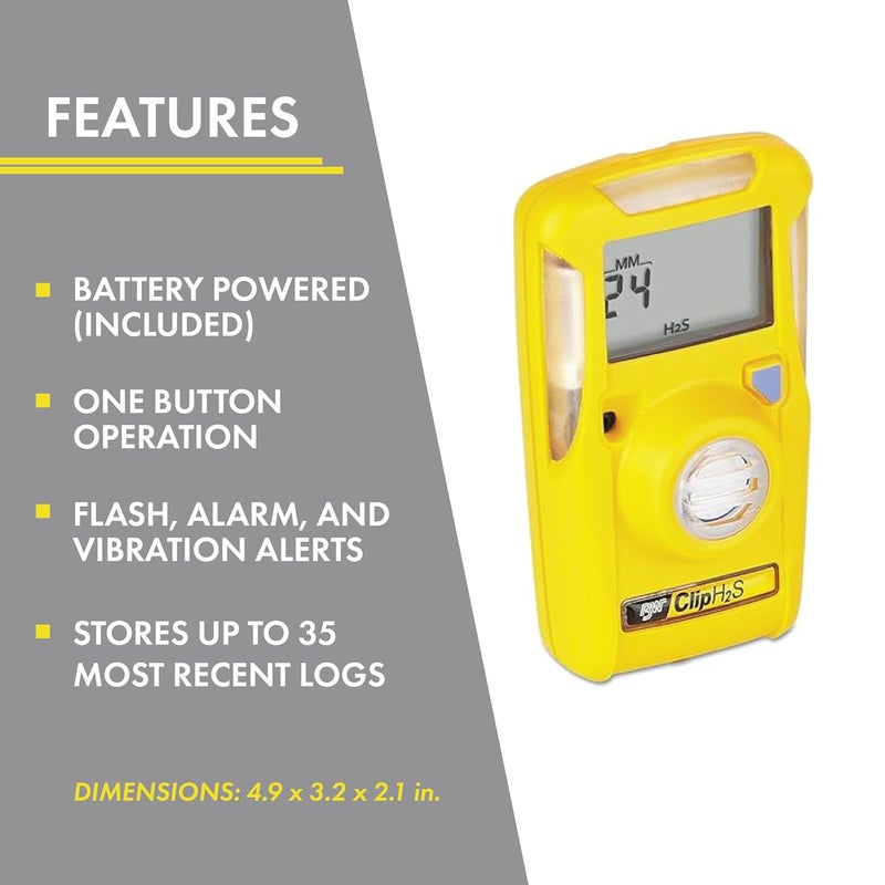 BW Technologies /Honeywell Analytics BWC2-H BW Clip Single-Gas Detector, Hydrogen Sulfide (H2S), Yellow - Image 2