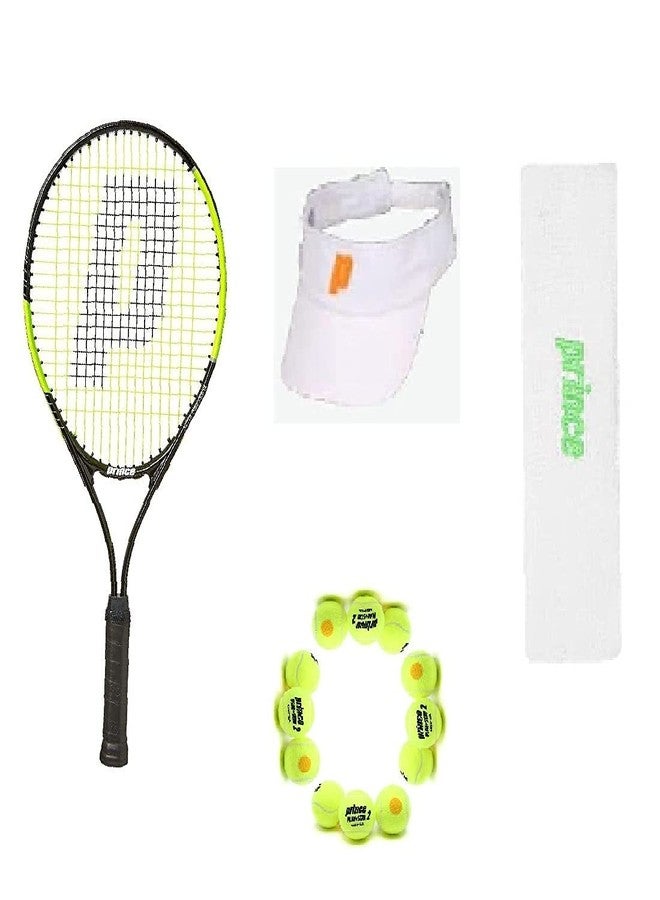 برنس مضرب تنس برينس ثاندر 26، وكرة تنس برينس ستيج 2 برتقالية قياسية (12 كرة) مع واقي للعين أبيض وبرتقالي وعصابة رأس بيضاء وخضراء - Image 1