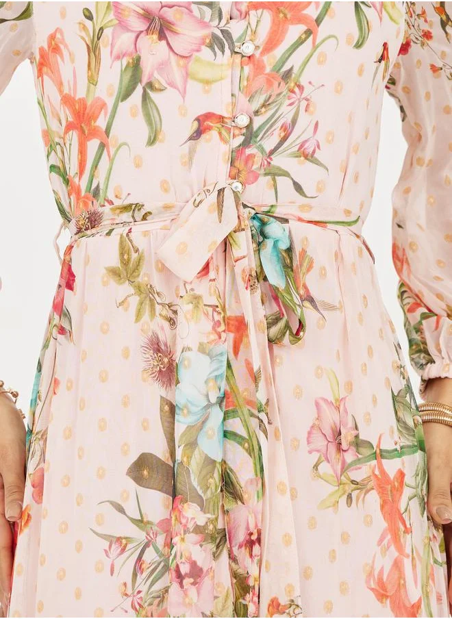 Styli Floral Print Button Loop Closure Tiered Maxi Dress with Self Tie Up