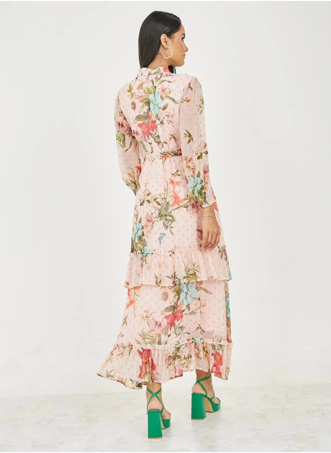 Styli Floral Print Button Loop Closure Tiered Maxi Dress with Self Tie Up