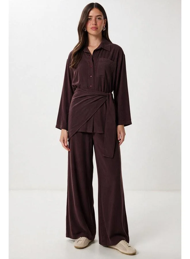 Lovely Istanbul Gabardine Shirt and Pants Suit with Scarf Detail LBY0070 MAROON.