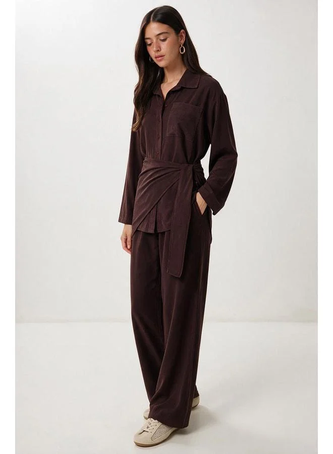 Lovely Istanbul Gabardine Shirt and Pants Suit with Scarf Detail LBY0070 MAROON.