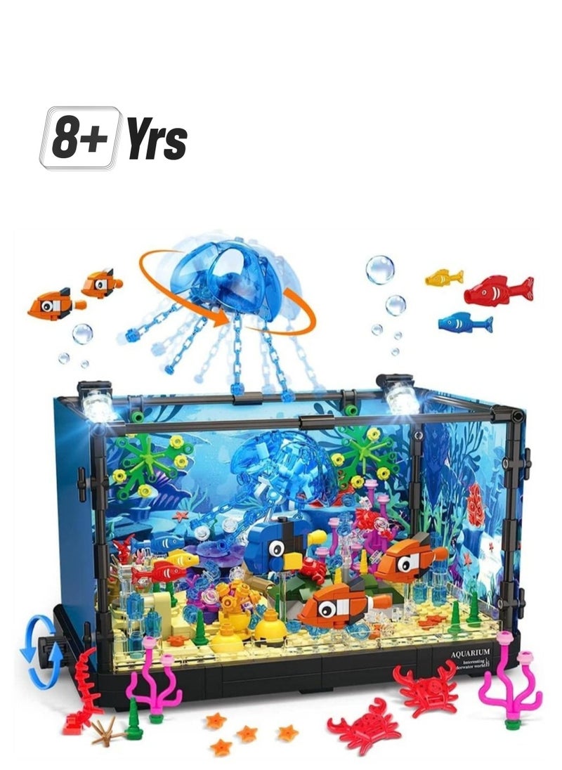 Y&D Fish Tank Building Block, Lighting Aquarium Set Toys for Adults Kids Including Ocean Background Plate, Jellyfish, Crab, Fish, Creative Boys Girls Age 8-12, 725pcs  - Image 1