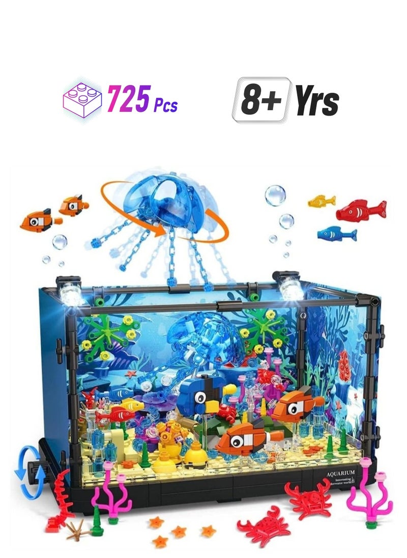 Y&D Fish Tank Building Block, Lighting Aquarium Set Toys for Adults Kids Including Ocean Background Plate, Jellyfish, Crab, Fish, Creative Boys Girls Age 8-12, 725pcs  - Image 1