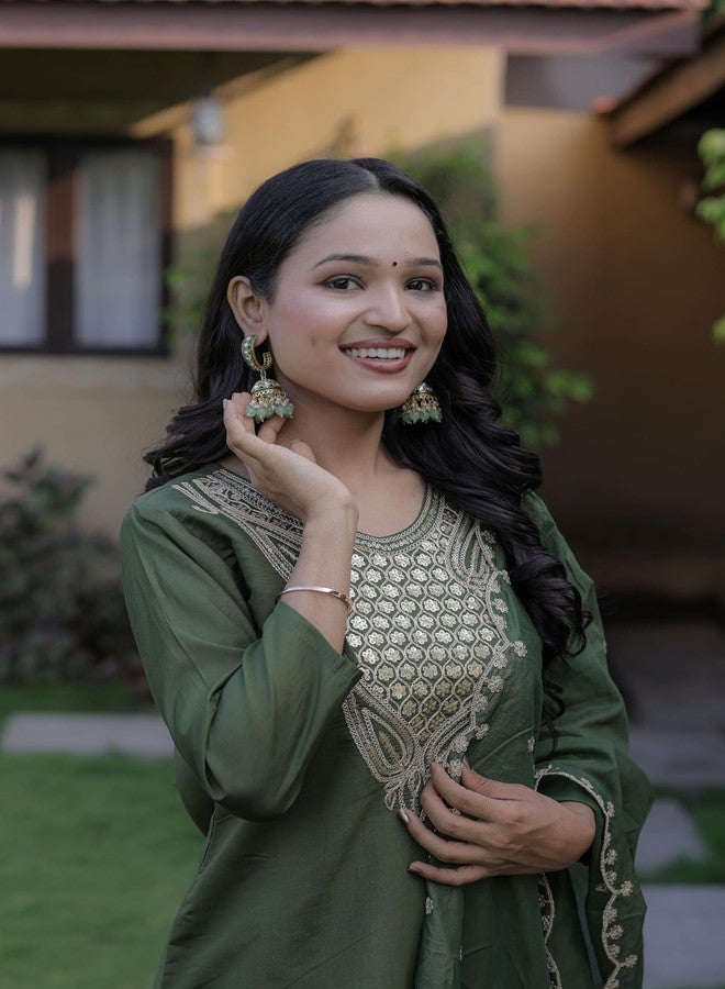 INJOFASH طقم سلوار تقليدي مطرز للفتيات، بأكمام 3/4 (IN، ألفا، XL، عادي، حجم زائد، للفتيات الصغيرات، أخضر) - Image 5