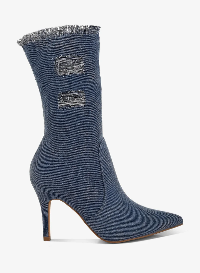 London Rag Women's Distressed Denim Mid-Calf Boots in Denim