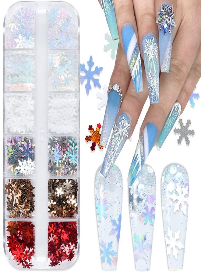 KZBTRBT Holographic Snowflake Nail Sequins,3D Snow Flakes Laser Nail Glitter Snowflake Sticker Decals for Acrylic Nails Decorations DIY Christmas Snow Winter Accessories Decals for Women (1 box/12 Grids) - Image 1