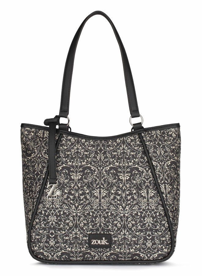 ZOUK حقيبة تسوق زوك نايشا سوداء من الدانتيل للنساء | حقيبة كتف كبيرة من الجلد النباتي مع حامل زجاجة، وجيوب متعددة، وبطانة مقاومة للماء | مناسبة للمكتب والسفر والاستخدام اليومي | دانتيل شبكي - Image 1