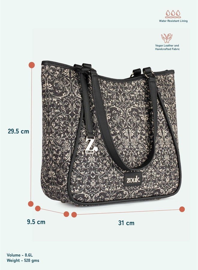 ZOUK حقيبة تسوق زوك نايشا سوداء من الدانتيل للنساء | حقيبة كتف كبيرة من الجلد النباتي مع حامل زجاجة، وجيوب متعددة، وبطانة مقاومة للماء | مناسبة للمكتب والسفر والاستخدام اليومي | دانتيل شبكي - Image 4