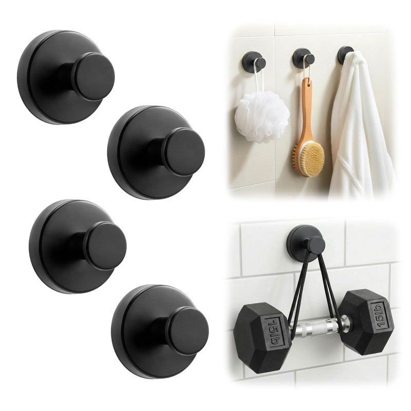 LOOHOI Upgraded Suction Cup Hooks for Shower, Heavy Duty Removable Towel Hooks for Bathroom Glass Door Wall, Stainless Steel Shower Hooks for Towel & Loofah (4 Pack, Black) - Image 1