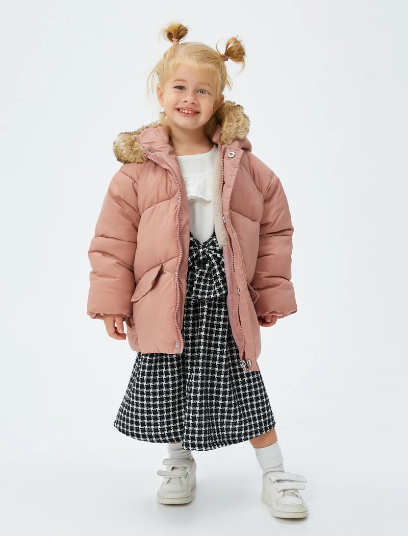 KOTON Puffer Jacket with Hooded Faux Fur Detail and Zippered Pocket