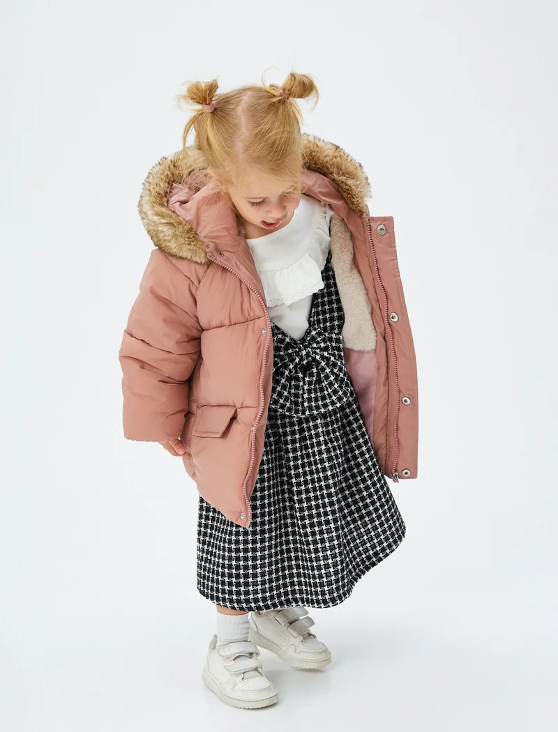 KOTON Puffer Jacket with Hooded Faux Fur Detail and Zippered Pocket
