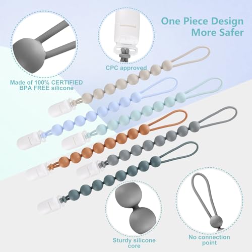 NASHRIO 6-Pack Silicone Pacifier Clips for Baby Boys and Girls - One-Piece Beads, Rust-Free Holders, Teething Relief, Baby Necessities, Newborn Safe Baby Essentials - Image 3