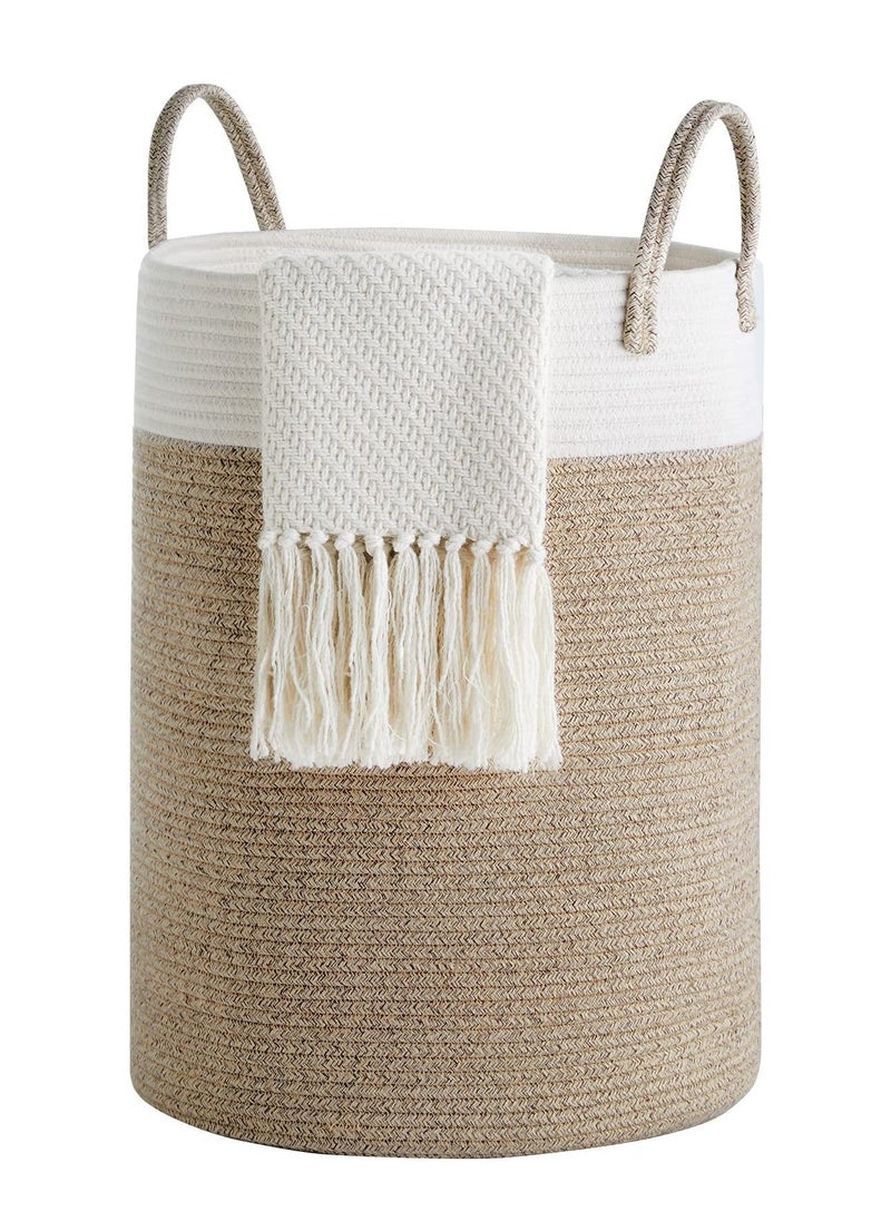 Cotton Rope Woven Laundry Basket, 38 x 50cm Woven Clothes Basket 58L, Cotton Rope Blanket Storage Basket, Collapsible Nursery Hamper Basket with Handle for Decoration or Storage, White and Brown  - Image 1
