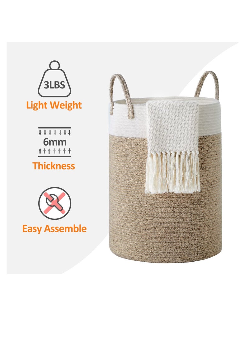 Cotton Rope Woven Laundry Basket, 38 x 50cm Woven Clothes Basket 58L, Cotton Rope Blanket Storage Basket, Collapsible Nursery Hamper Basket with Handle for Decoration or Storage, White and Brown  - Image 5