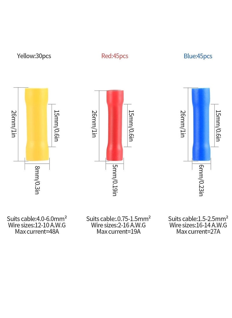 Y&D - Insulated Straight Wire Terminal Connectors,120 PCS Butt Splice Connectors, Automotive Cable Crimp Terminals, Electrical Connectors(Blue, Red, Yellow) - Image 1