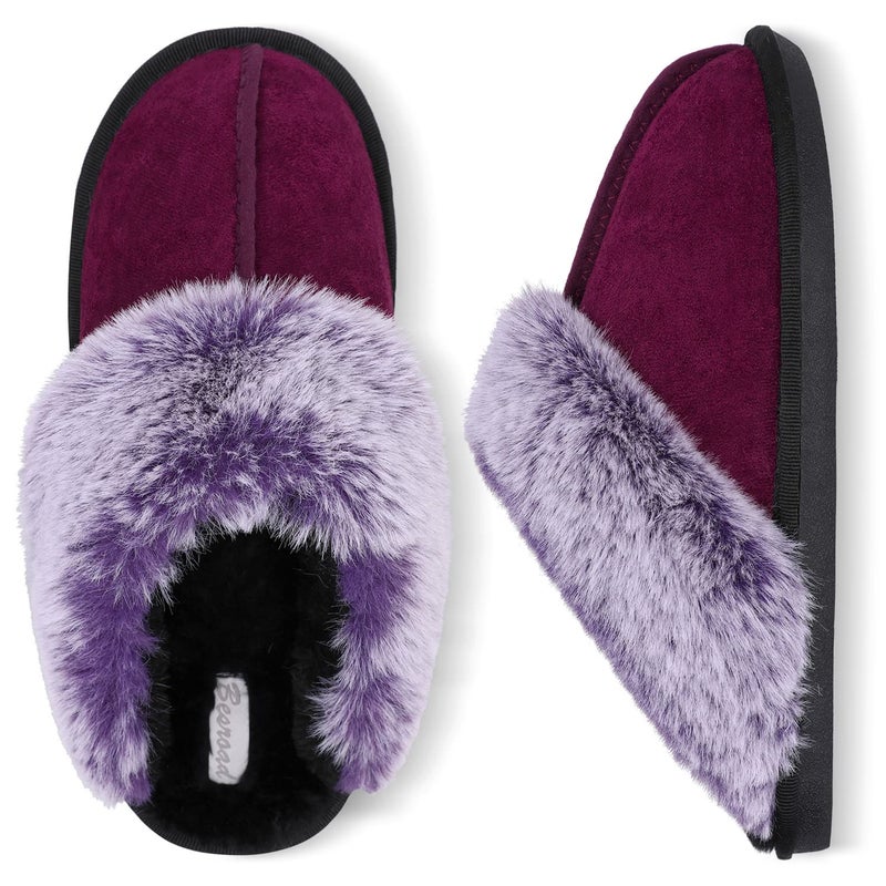 Besroad Women's Fuzzy House Slippers Warm Plush Furry Faux Fur Indoor Outdoor Slippers Shoes for Women Wine 8-9 - Image 1