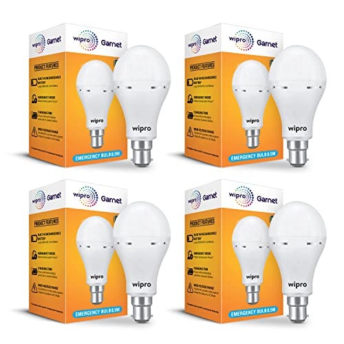 Wipro Garnet 9w LED Emergency Bulb | Cool Day White (6500K) | B22 LED Bulb Base | Inverter Bulb for home, with 4 Hours battery back up| Li-ion Battery | Over charging Protection | Pack of 4 - Image 1