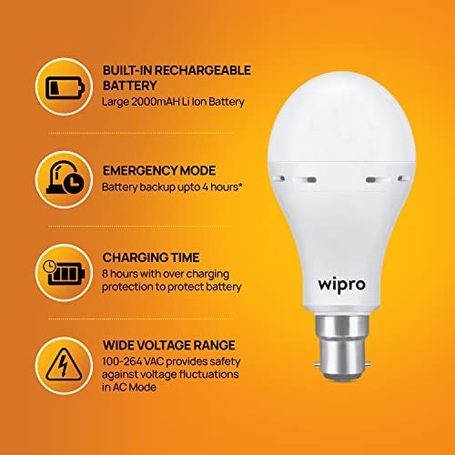 Wipro Garnet 9w LED Emergency Bulb | Cool Day White (6500K) | B22 LED Bulb Base | Inverter Bulb for home, with 4 Hours battery back up| Li-ion Battery | Over charging Protection | Pack of 4 - Image 4