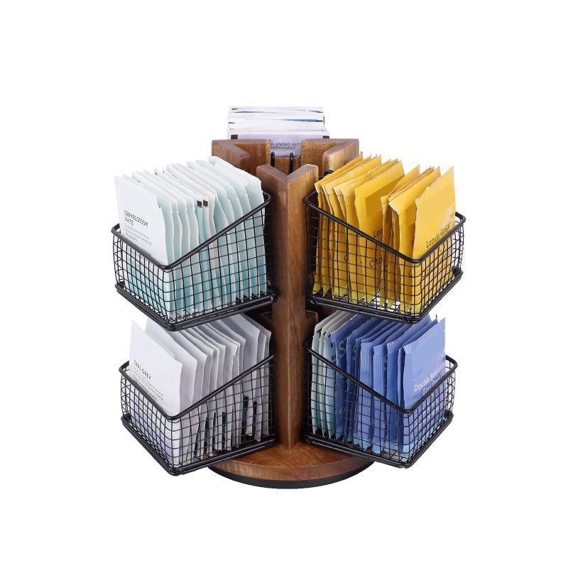 HTB Acacia Wood 2-Tier Tea Bag Organizer with 6 Removable Baskets, Spinning Carousel for Kitchen Countertop and Office - Image 1