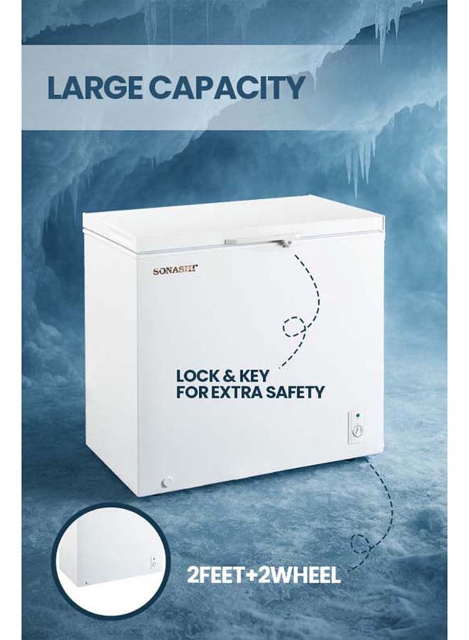 SONASHI 202L Chest Freezer - Single Door with Huayi Compressor, Lock & Key, Adjustable Thermostat, Inner White Liner with Basket, LED Light, Handle & Wheels, R600a Gas, 220-240V/50Hz SCF-252 250 L SCF-252 White - Image 4