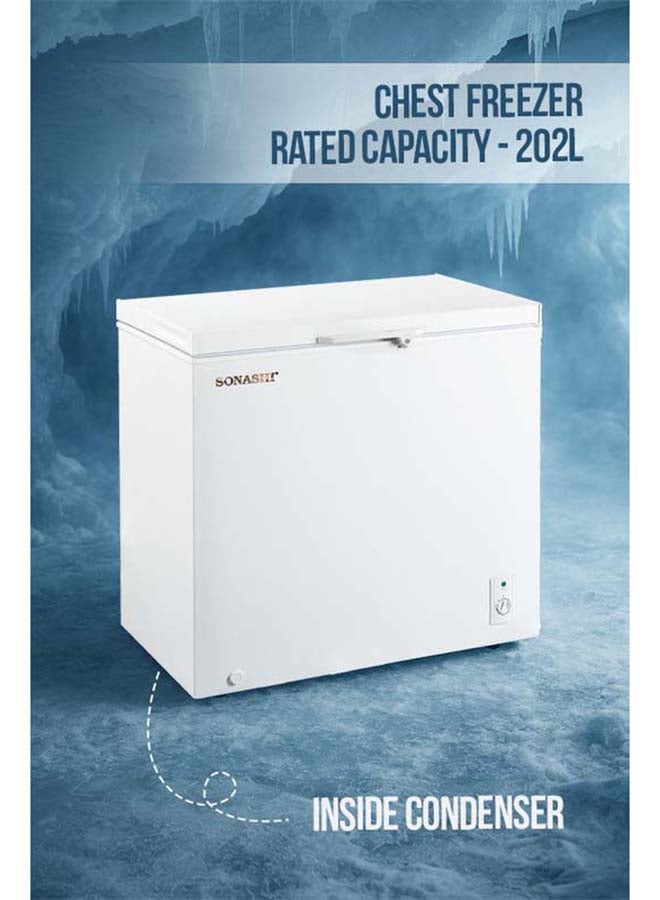 SONASHI 202L Chest Freezer - Single Door with Huayi Compressor, Lock & Key, Adjustable Thermostat, Inner White Liner with Basket, LED Light, Handle & Wheels, R600a Gas, 220-240V/50Hz SCF-252 250 L SCF-252 White - Image 3