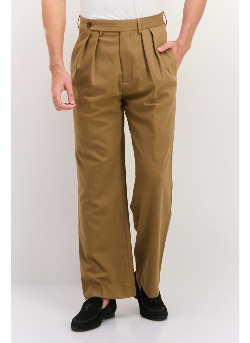 GANT Men Regular FIt Plain Wide Leg Flannel Suit Pants, Warm Khaki  - Image 1