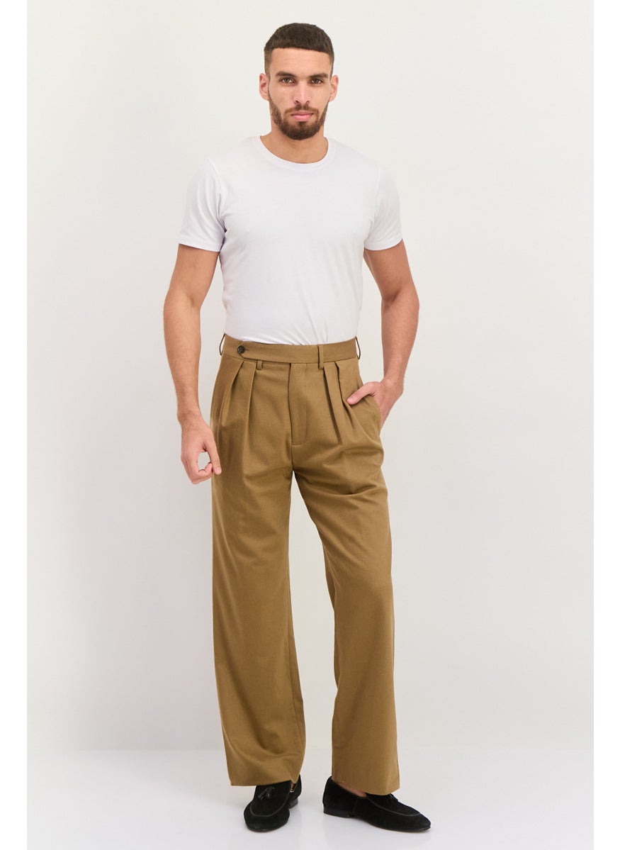 GANT Men Regular FIt Plain Wide Leg Flannel Suit Pants, Warm Khaki  - Image 4