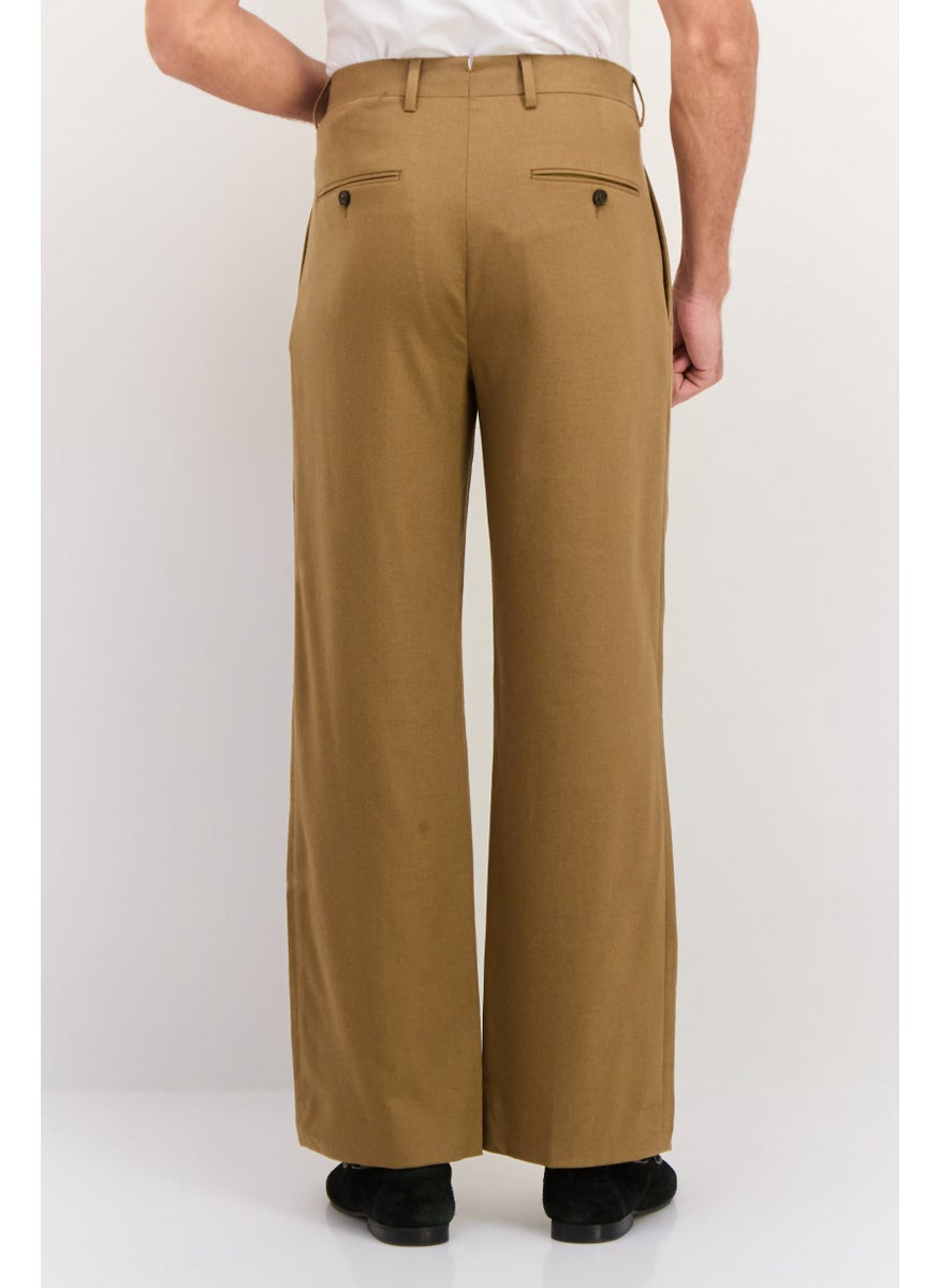 GANT Men Regular FIt Plain Wide Leg Flannel Suit Pants, Warm Khaki  - Image 3
