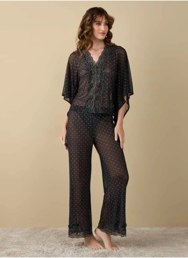 فاف All-Over Polka Dot V-neck Kaftan Top and Pyjama Set