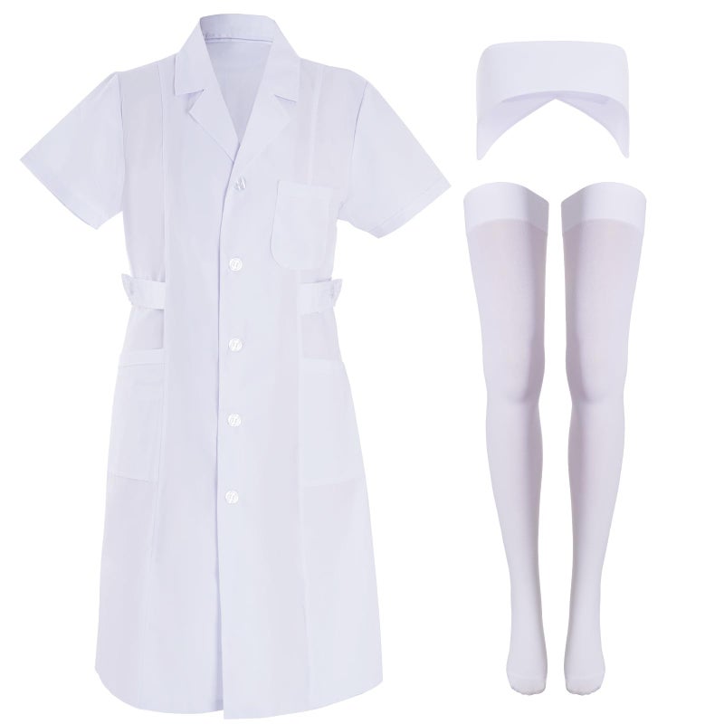 mifengda 3pcs Nurse Costume for Women White Short Sleeve Lab Coat Doctor Costume Halloween Nurse Dress Outfit for Cosplay Party(XL) - Image 1