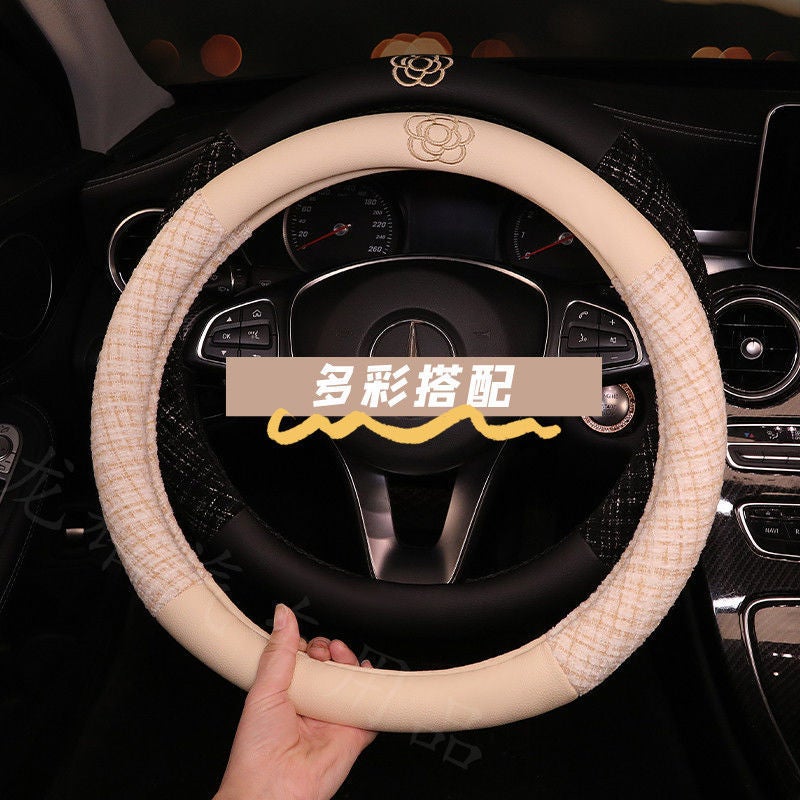 Car Steering Wheel Cover Four Seasons Universal Camellia Cute Non-Slip Sweat-Absorbent Breathable Leather Car Handle Cover - Image 4