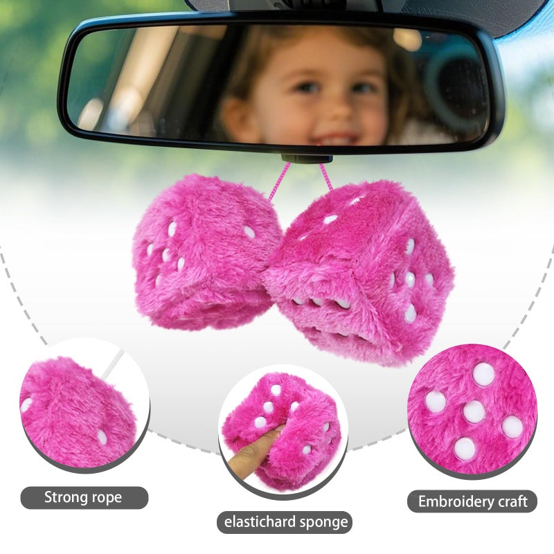 ORNALES Fuzzy Plush Dice for Car Mirror, Pair of 3â€ Pink Dice with White Dots Soft Retro Plush Car Interior Accessories for Car Rearview Mirror Hanging Decoration(Rose red) - Image 2
