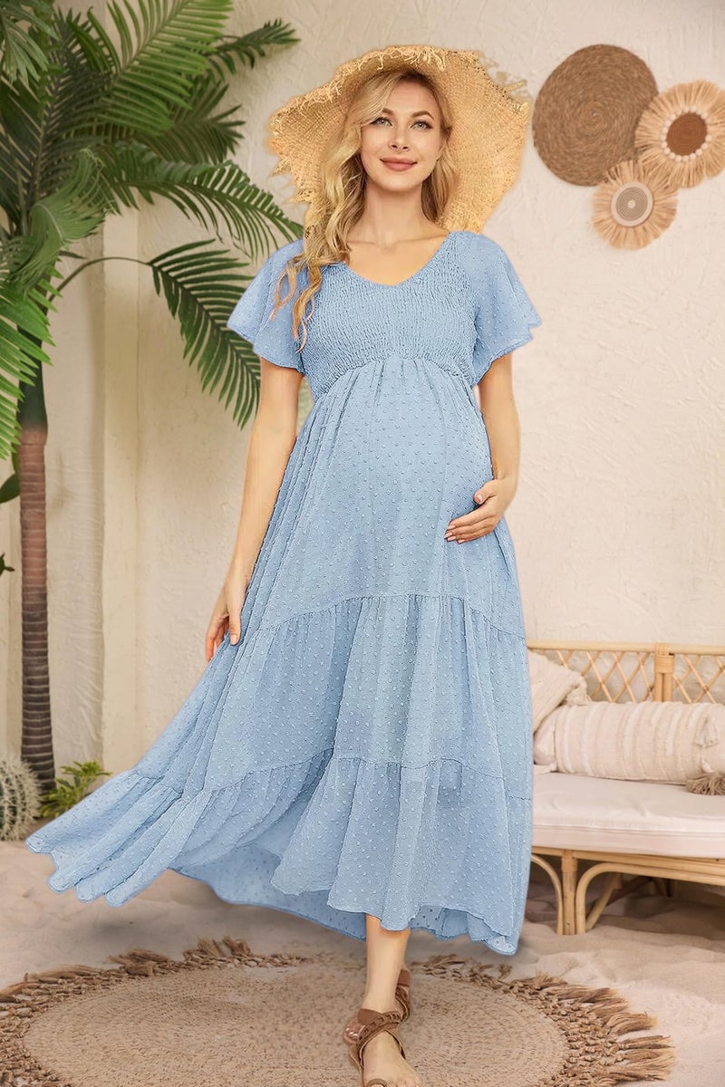 guruixu Swiss Dot Smocked Maternity Dress for Baby Shower Photoshoot Casual V Neck Ruffle Sleeve Empire Waist Tiered Boho Dress Light Blue - Image 2