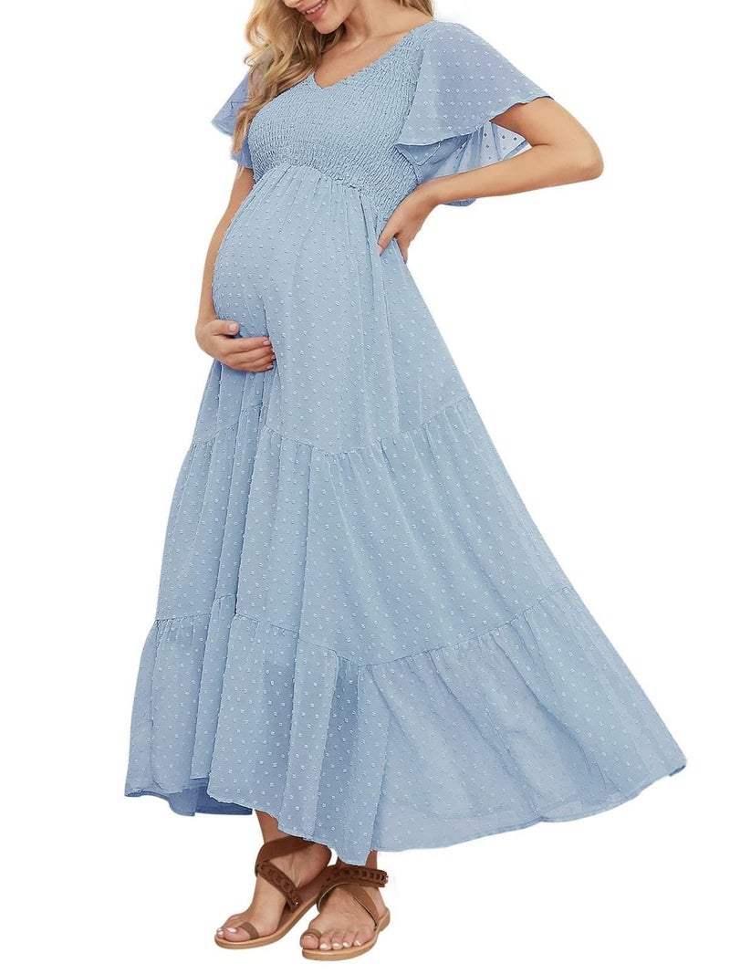 guruixu Swiss Dot Smocked Maternity Dress for Baby Shower Photoshoot Casual V Neck Ruffle Sleeve Empire Waist Tiered Boho Dress Light Blue - Image 1