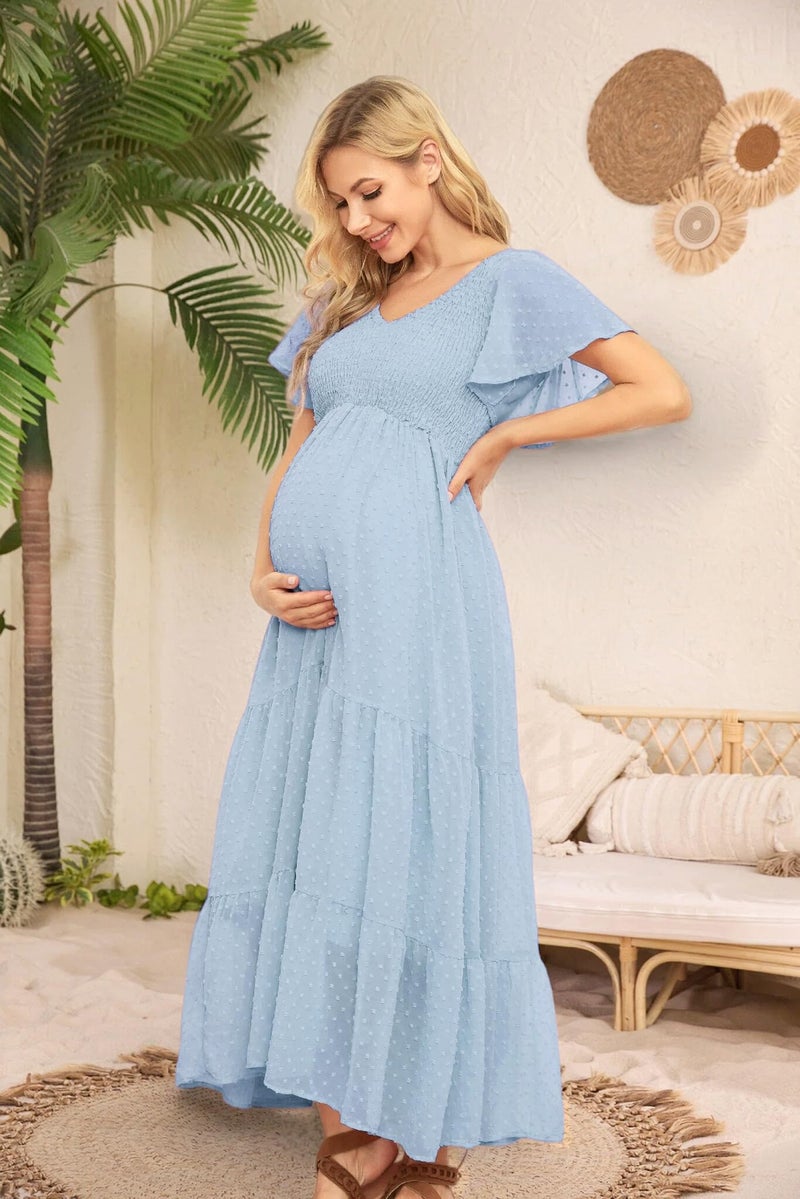 guruixu Swiss Dot Smocked Maternity Dress for Baby Shower Photoshoot Casual V Neck Ruffle Sleeve Empire Waist Tiered Boho Dress Light Blue - Image 4