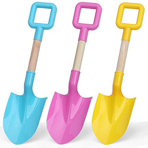 Anzmtosn 16 Long Kids Beach Spades Sand Shovels Toys Gardening Tools Kit Sandbox Sturdy Snow Scoop Durable Wood Handle ABS Plastic Spade for Garden Sand Snow Backyard Summer Kids Adults 3 Pink Blue Yellow - Image 1