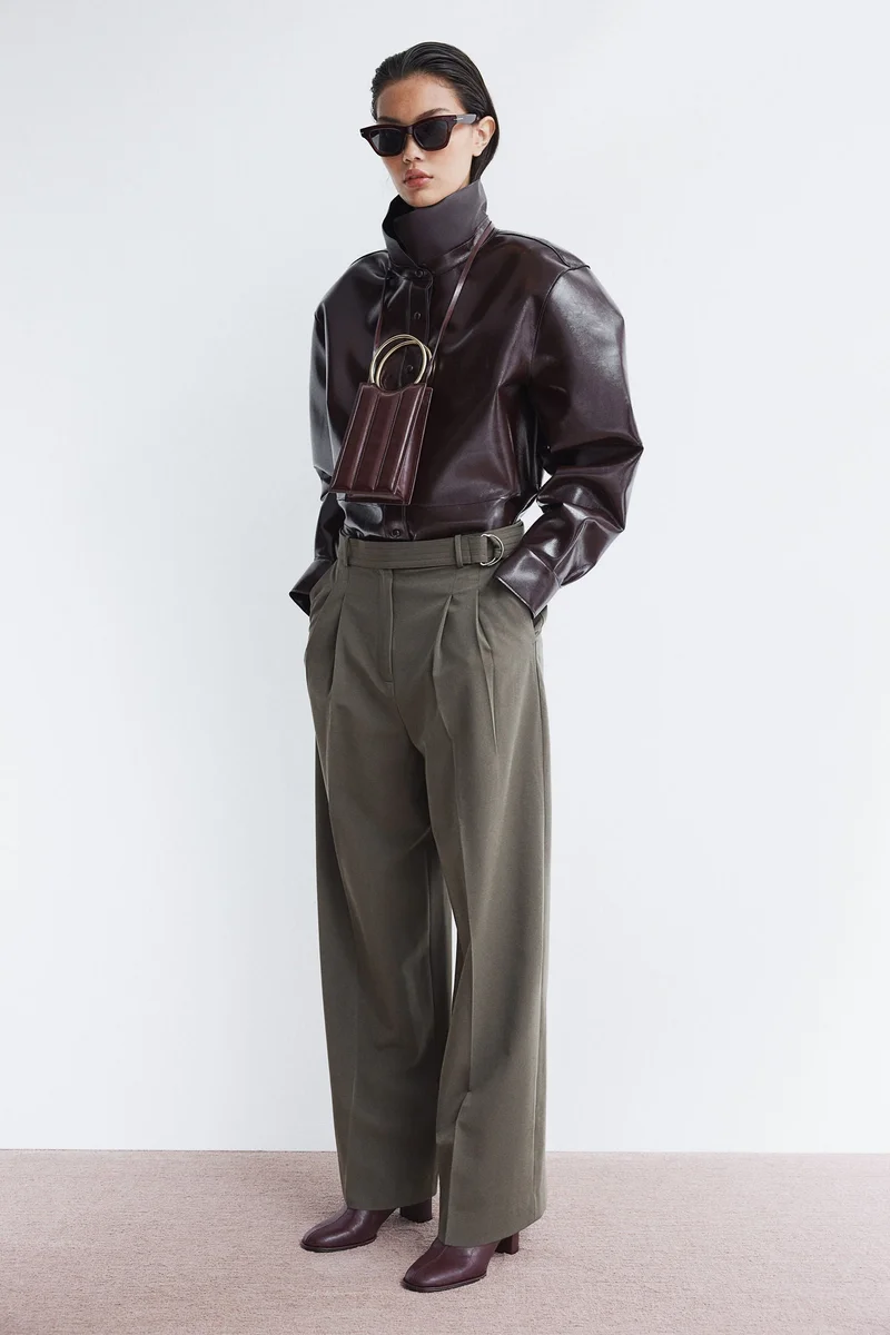 H&M olive green Wide Belted Trousers for Women | Best Price UAE
