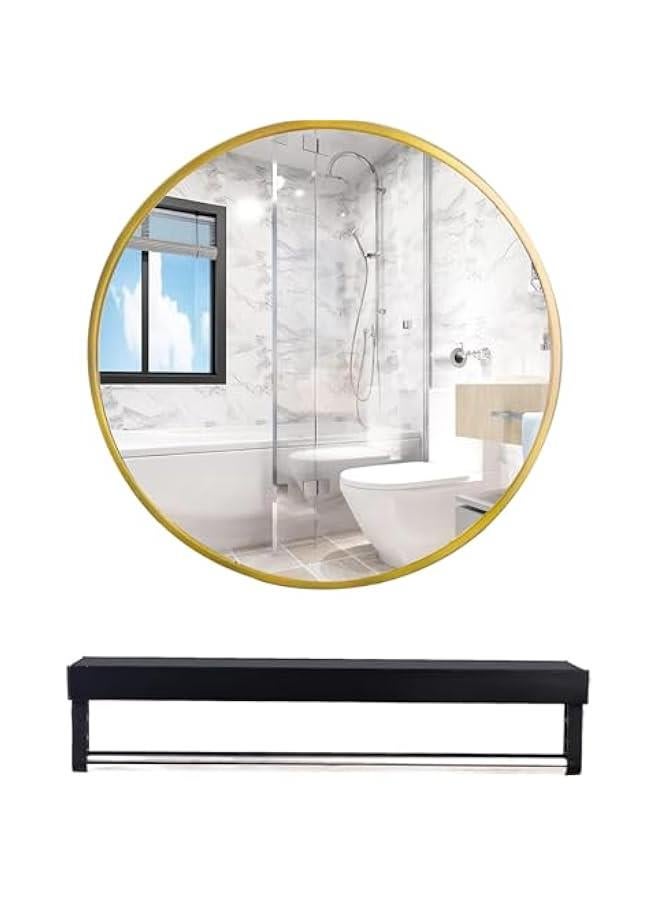 HOOKOR 40CM Circle Mirror, Metal Frame Wall Mounted Circle Mirror, Round Mirror with Floating Shelf, Wall Mirror for Living Room, Entryway, Bathroom, Vanity (Gold)  - Image 1