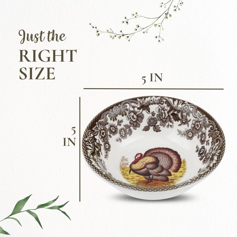 Spode Woodland Turkey Mini Bowl - Iconic 5" Fine Earthenware Dish for Dips or Sauces, Thanksgiving Tableware with British Flowers Border - Microwave, Freezer, Dishwasher Safe, Made in England - Image 3