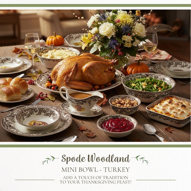 Spode Woodland Turkey Mini Bowl - Iconic 5" Fine Earthenware Dish for Dips or Sauces, Thanksgiving Tableware with British Flowers Border - Microwave, Freezer, Dishwasher Safe, Made in England - Image 2