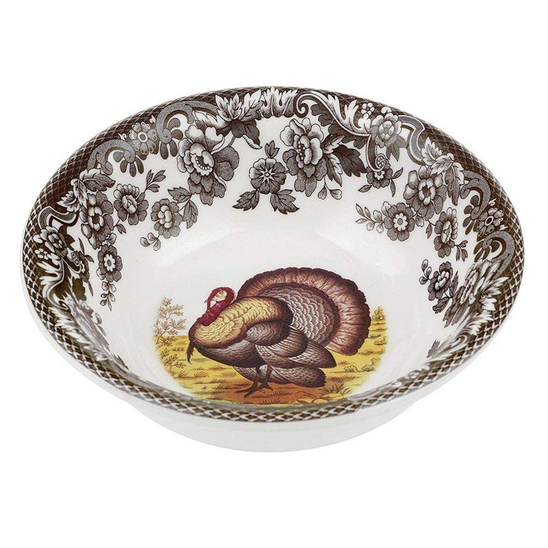 Spode Woodland Turkey Mini Bowl - Iconic 5" Fine Earthenware Dish for Dips or Sauces, Thanksgiving Tableware with British Flowers Border - Microwave, Freezer, Dishwasher Safe, Made in England - Image 1