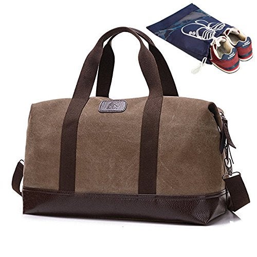 Sunshinejing Women Canvas Weekender Travel Tote Overnight Duffel Bag PU Trim Carry on Bags (Brown) - Image 2