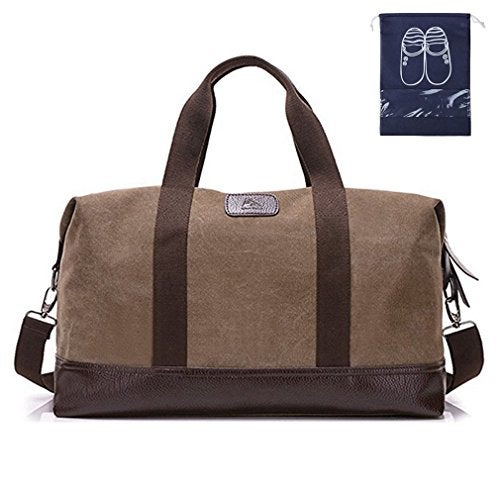 Sunshinejing Women Canvas Weekender Travel Tote Overnight Duffel Bag PU Trim Carry on Bags (Brown) - Image 1
