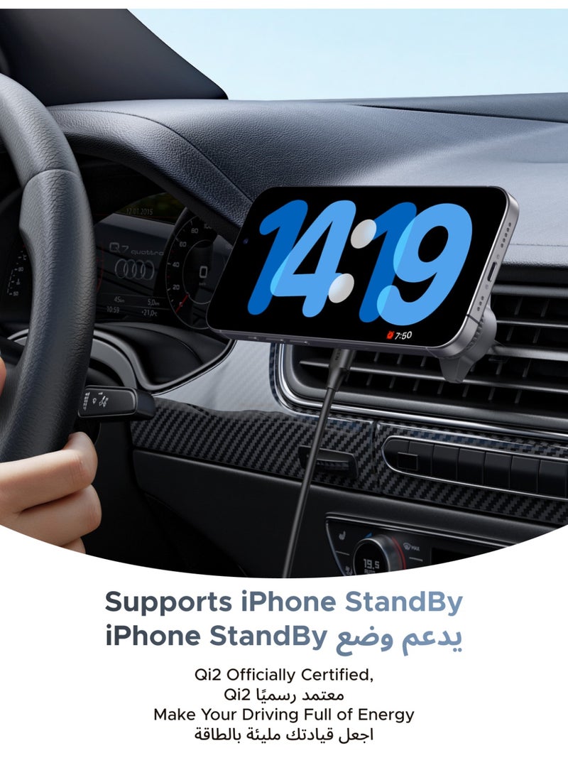 يو جرين حامل شحن لاسلكي للسيارة من ماج سيف، بقدرة 25 واط بتقنية Qi2.2 لأجهزة آيفون 16/17، وبقدرة 15 واط بتقنية Qi2.0 لأجهزة سامسونج S26، وأجهزة آيفون 12-15، مصمم خصيصًا لهواتف أبل المغناطيسية. 2 IN 1 25W CAR - Image 5