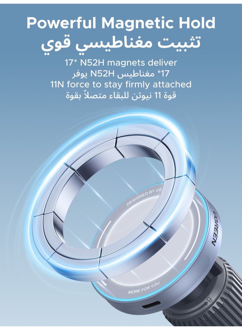 يو جرين حامل شحن لاسلكي للسيارة من ماج سيف، بقدرة 25 واط بتقنية Qi2.2 لأجهزة آيفون 16/17، وبقدرة 15 واط بتقنية Qi2.0 لأجهزة سامسونج S26، وأجهزة آيفون 12-15، مصمم خصيصًا لهواتف أبل المغناطيسية. 2 IN 1 25W CAR - Image 3