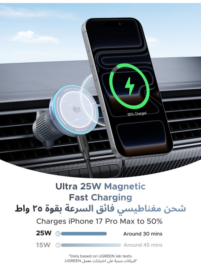 يو جرين حامل شحن لاسلكي للسيارة من ماج سيف، بقدرة 25 واط بتقنية Qi2.2 لأجهزة آيفون 16/17، وبقدرة 15 واط بتقنية Qi2.0 لأجهزة سامسونج S26، وأجهزة آيفون 12-15، مصمم خصيصًا لهواتف أبل المغناطيسية. 2 IN 1 25W CAR - Image 2