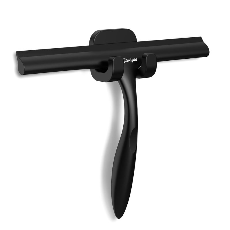 Anjinwiper Shower Squeegee For Glass Doors With Adhesive Hook  Window Squeegee For Shower Glass  Cleaning Tile Wall  Bathroom Cleaner Tool Household Silicone Squeegee(10 Inch-Black) - Image 1