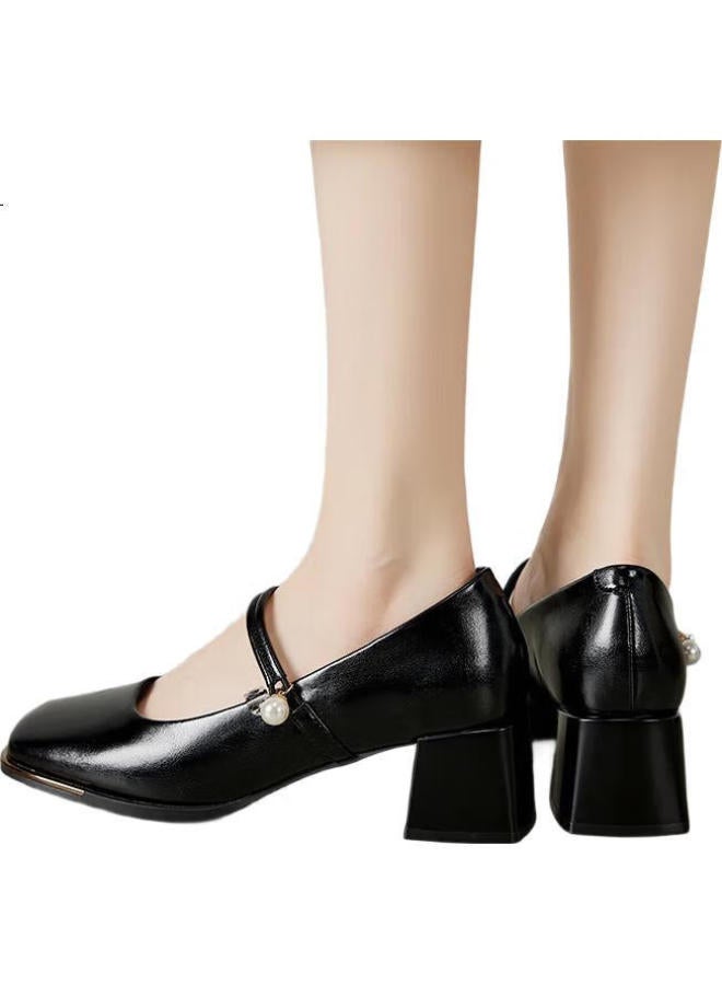 YEARCON أحذية ماري جين 24 أسلوب فرنسي جديد أحذية فردية للنساء ذات فم ضحل كعب سميك 29304W أسود 35 - Image 1