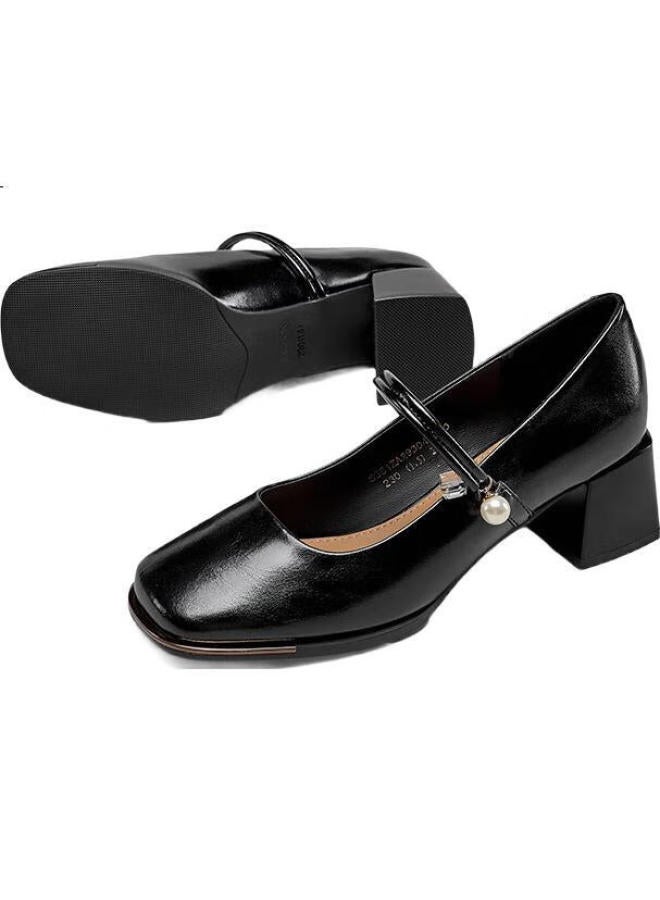YEARCON أحذية ماري جين 24 أسلوب فرنسي جديد أحذية فردية للنساء ذات فم ضحل كعب سميك 29304W أسود 35 - Image 2